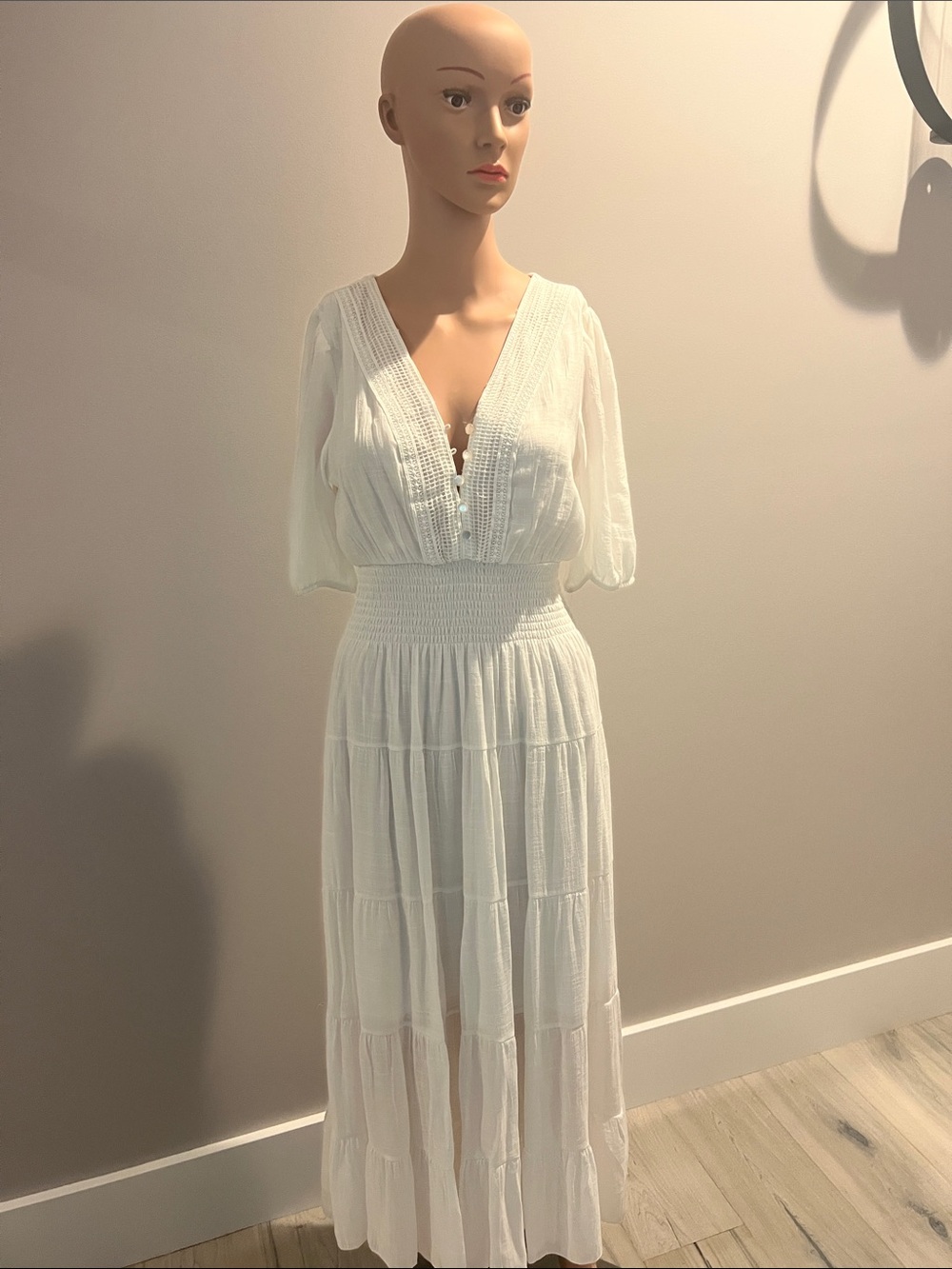 Bohemian White V-Neck Maxi Dress with Smocked Waist